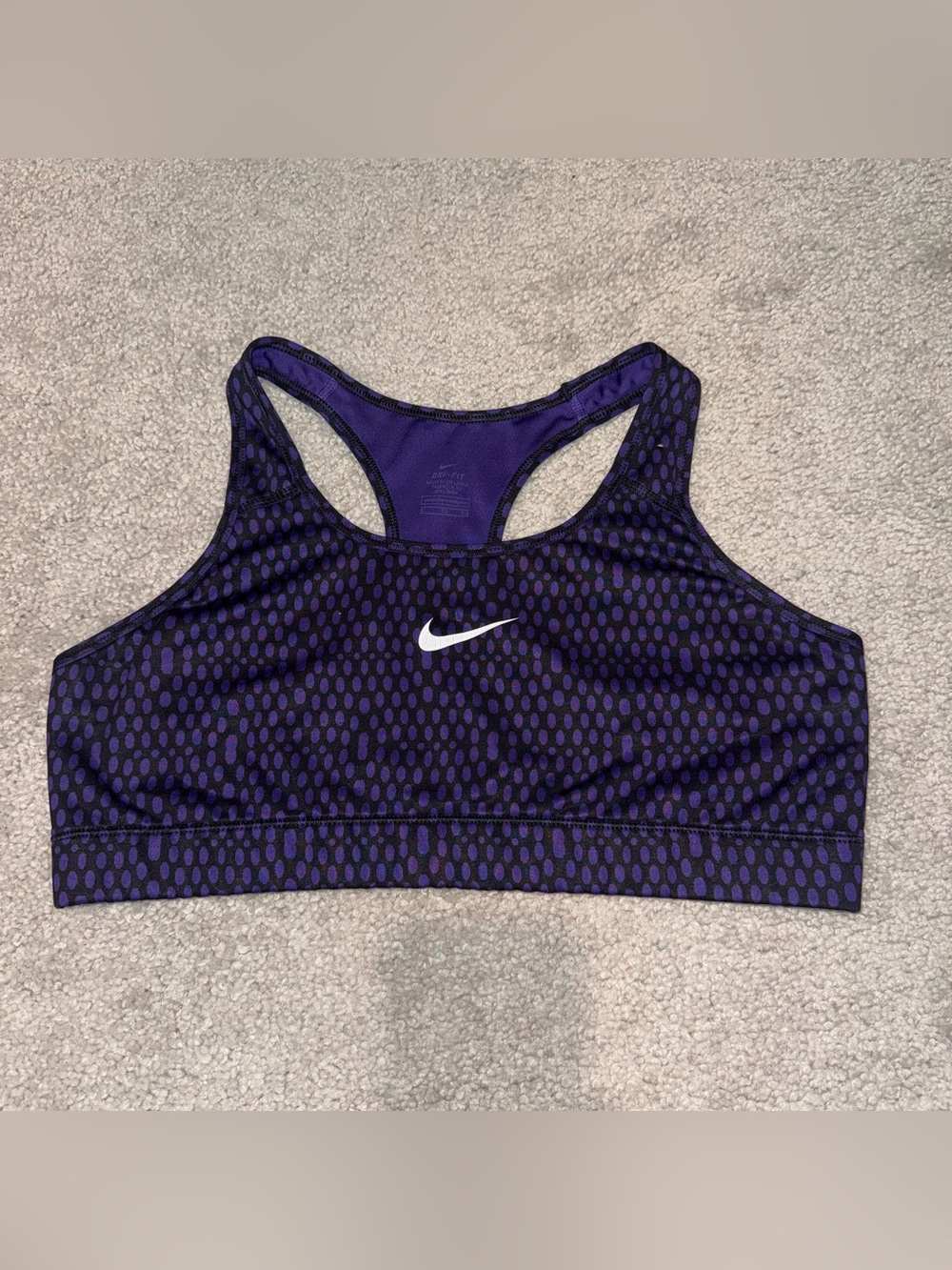 Nike Purple Dot-Print Racerback Sports Bra with White Swoosh